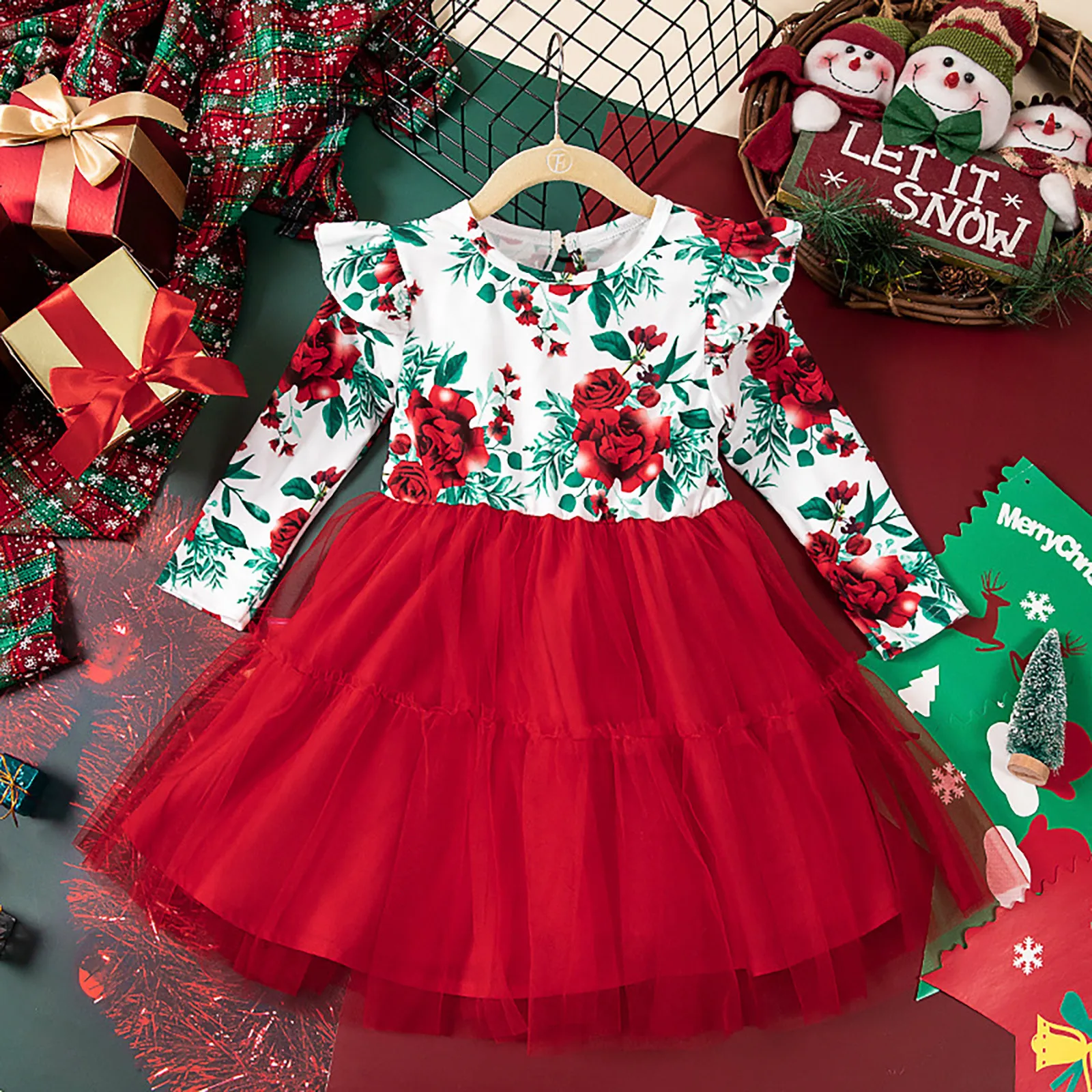 Girls Clothes Rose Floral Print Mesh Puffy Princess Dress Child Long Sleeve Christmas Green Red Dress New Year Xmas Dress 2-7Y