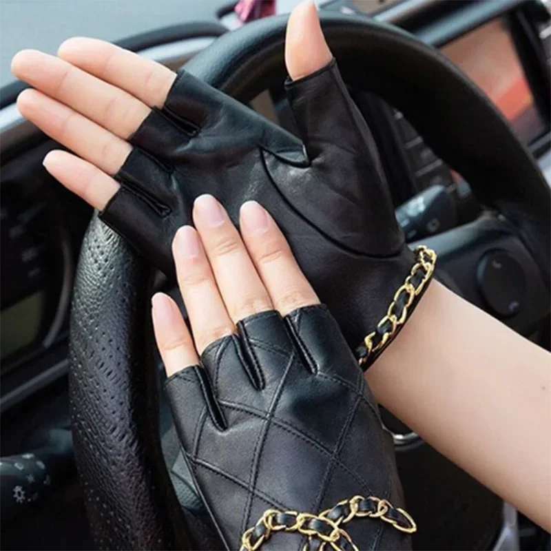 Damen Echt leder handschuhe Touchscreen-Handschuhe Damen Weich leder handschuhe Motorrad Biker Mode Halb finger handschuhe