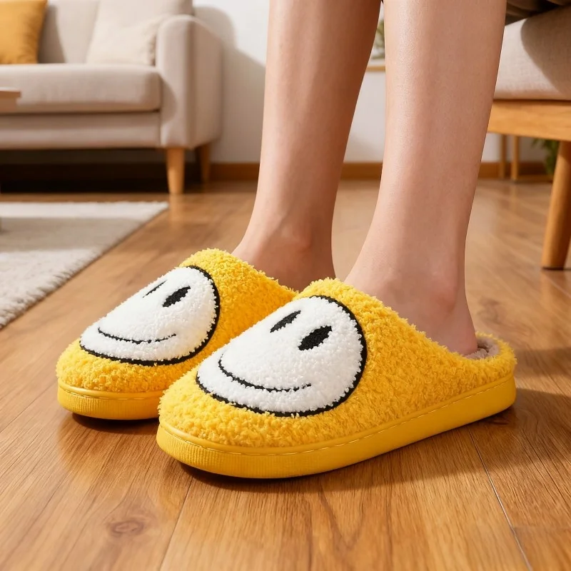 

Kids'Slippers Smiling Face Fluffy Winter Shoes For Children Anti-slip Thick Bottom Home Slipper Keep Warm Pink Blue Size 36-41