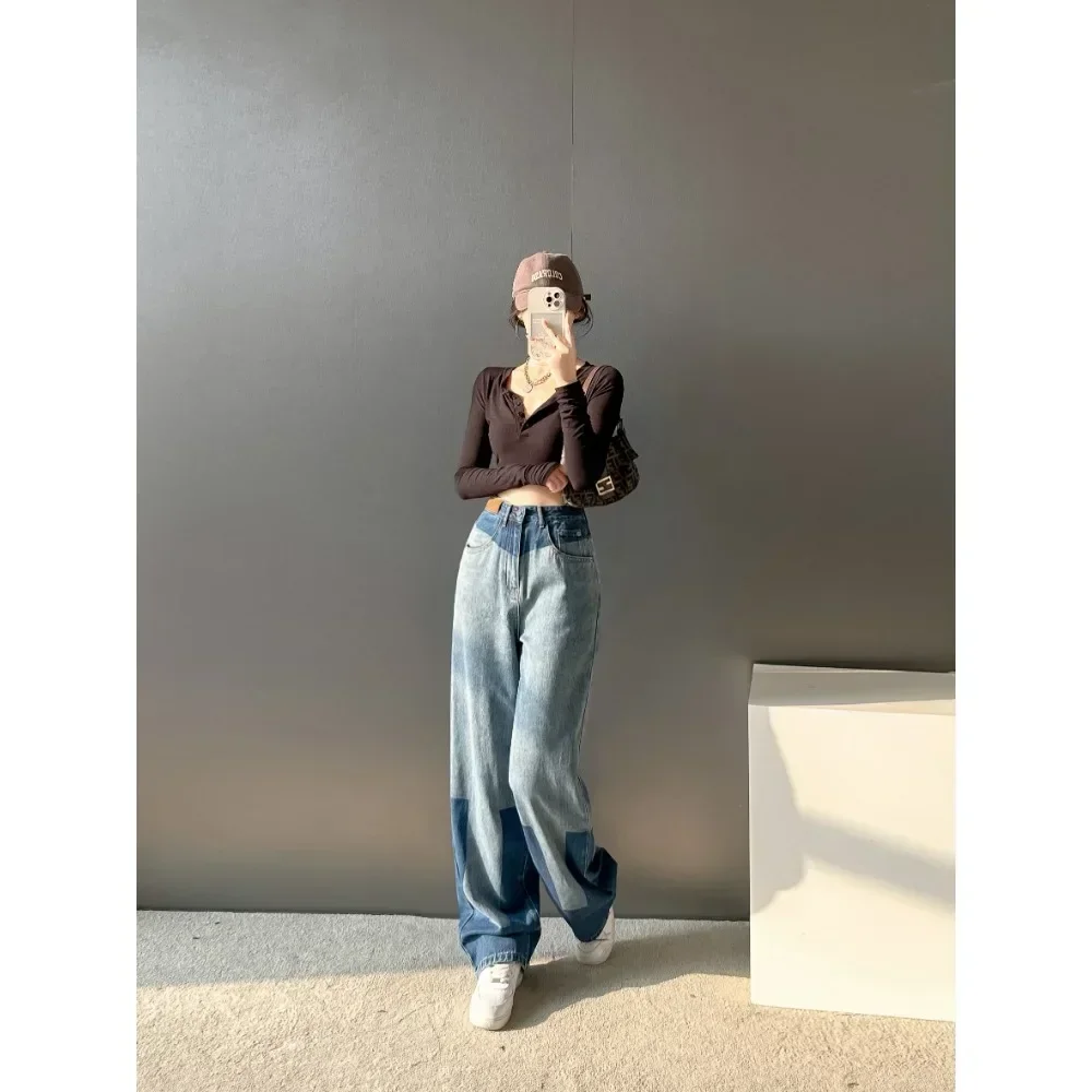 Splicing Washed Blue Denim Straight Wide Leg Personalized Baggy Trousers Woman High Waist Pants  Womens Spring Autumn Winter New