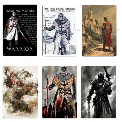 템플 기사단 모토 십자군 금속 간판 빈티지 기사단 틴 포스터 홈 추상 전사 초상화 틴 사인 포스터