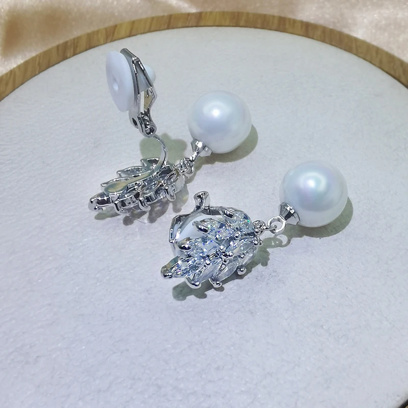 Elegant Cubic Zirconia Mabe Pearl Drop Clip on Earrings Without Piercing Ear Clips for Women Wedding Jewelry
