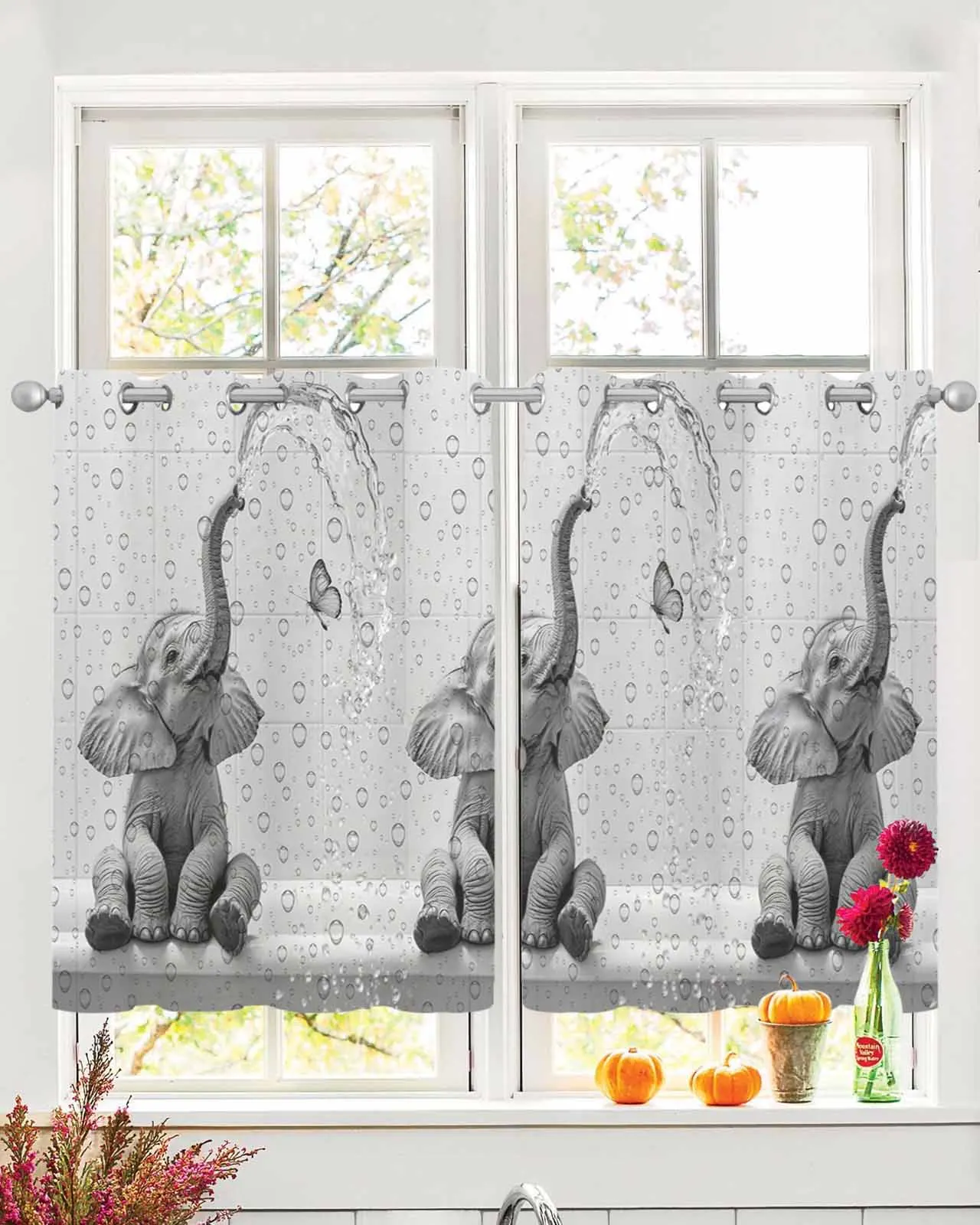 

2 Panels Set Tulle Window Curtains Modern Elephant Bathroom Animal Rod Pocket Grommet Top Curtains for Bedroom and Living Room