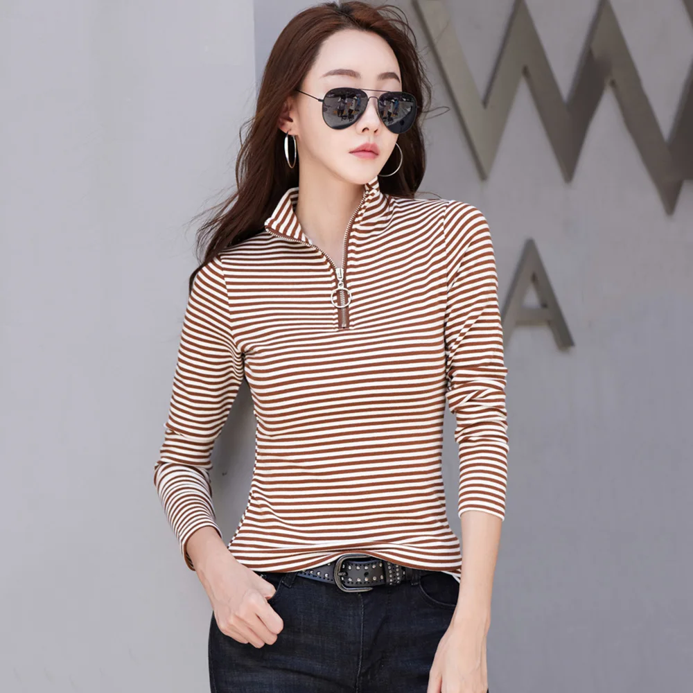 New Women Striped T-shirt Spring Autumn Fashion Zipper Stand Collar Long Sleeve Slim Bottomming Shiirt Casual Pullover Tees Tops