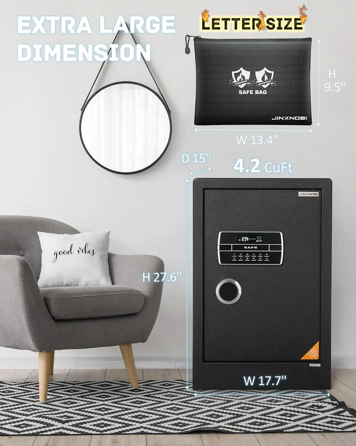 Grande coffre-fort, coffre-fort domestique à 4.2 pieds cubes avec coffre-fort étanche ignifuge, grand coffre-fort de 27.6 pouces avec clavier électronique