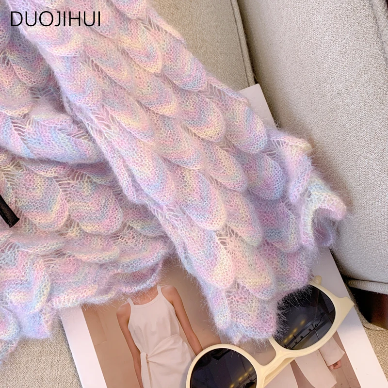 DUOJIHUI Classic O-neck Soft Knitting Sweater Women Pullovers Autumn Chic Floral Contrast Color Fashion Simple Female Pullovers