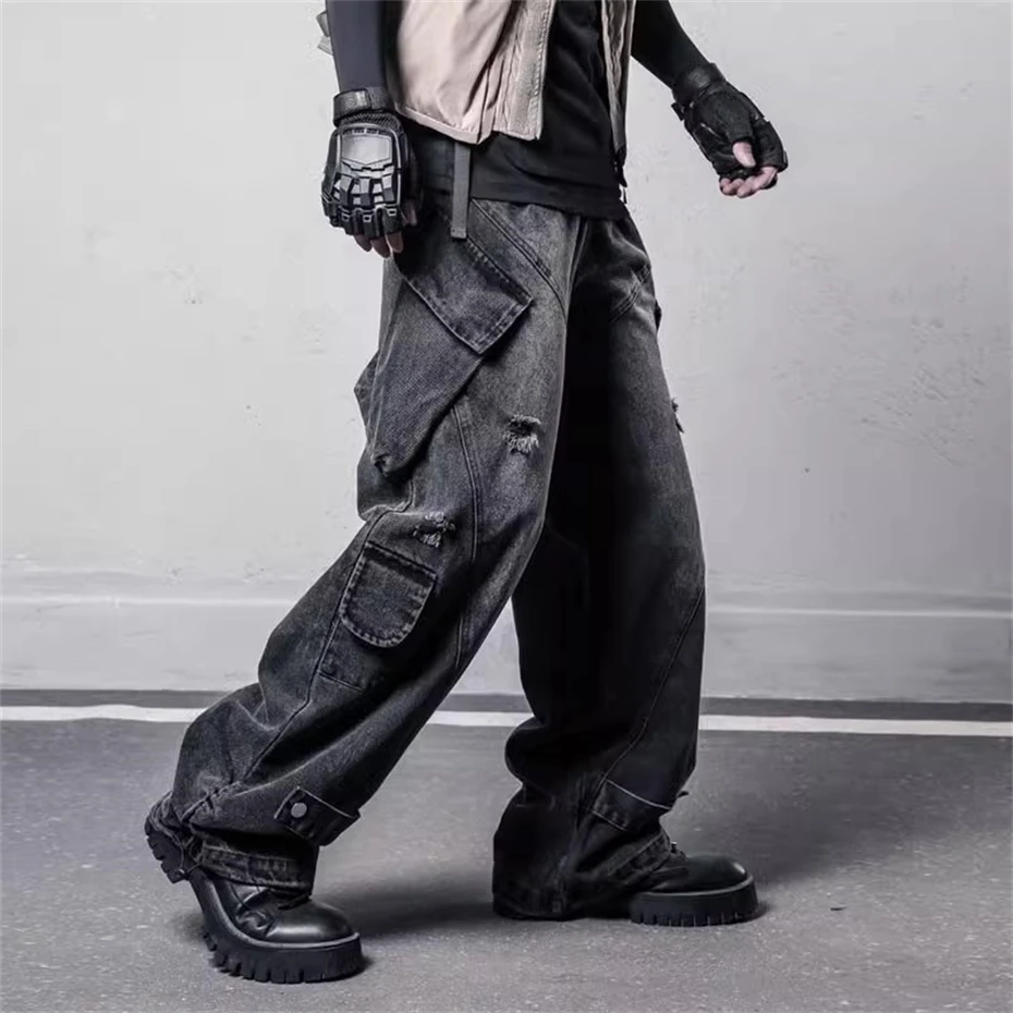 

Mens Ripped Hole Jeans Streetwear Hip Hop Joggers Denim Pant Men 2025 New Function Big Pockets Punk Washed Baggy Wide Legs Pants