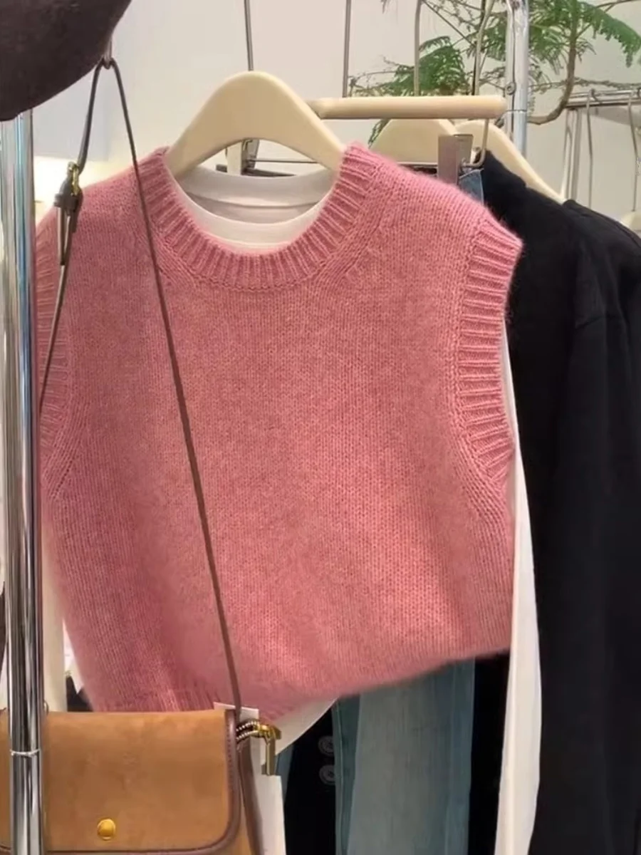 Elegant Pink Cashmere Knitted Vest Women's Top round Neck Sweater Stylish Autumn Winter Fashion Commute Style  Color