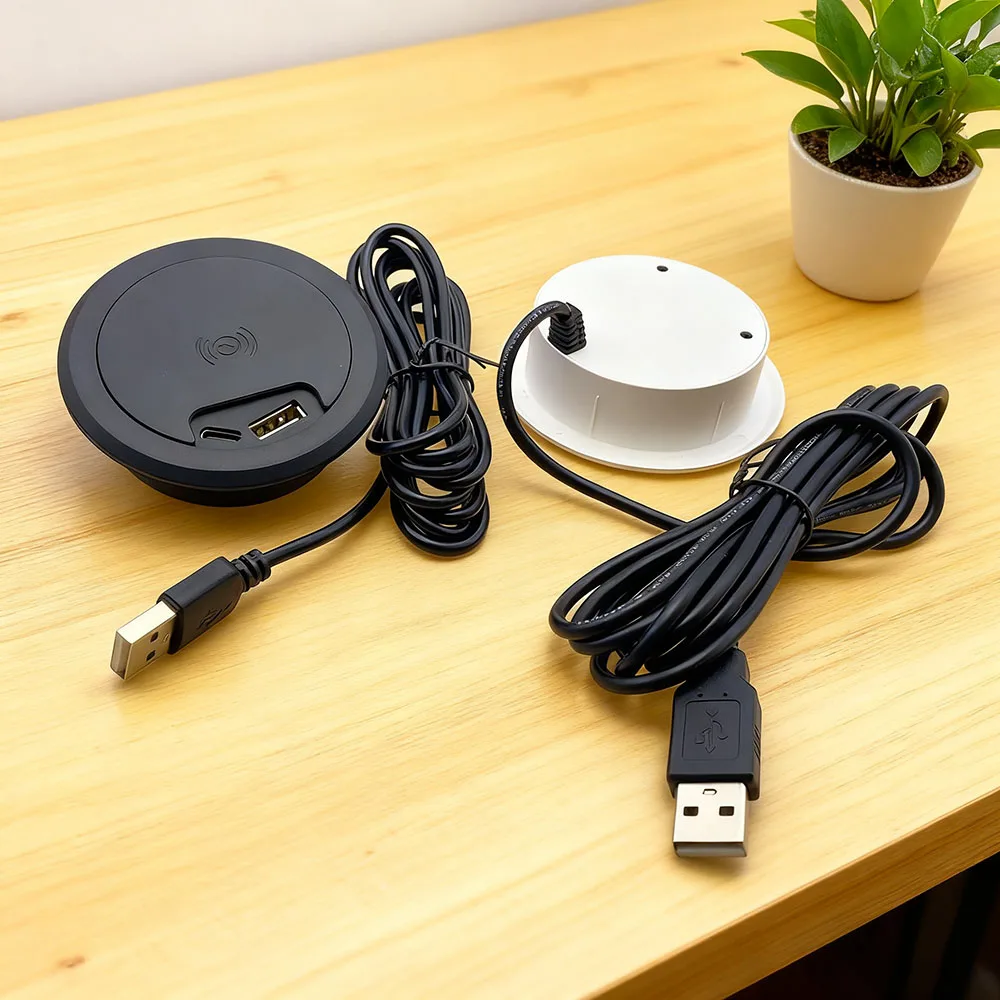 

USB+Type-c+15W Wireless charge connector Quick Charge connector Built in Desktop Device Round Hole60mm CircularEmbedded Adapter