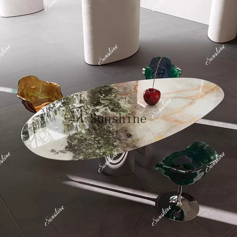 Pure natural luxury stone special-shaped villa high-end large flat oval dining table  FT