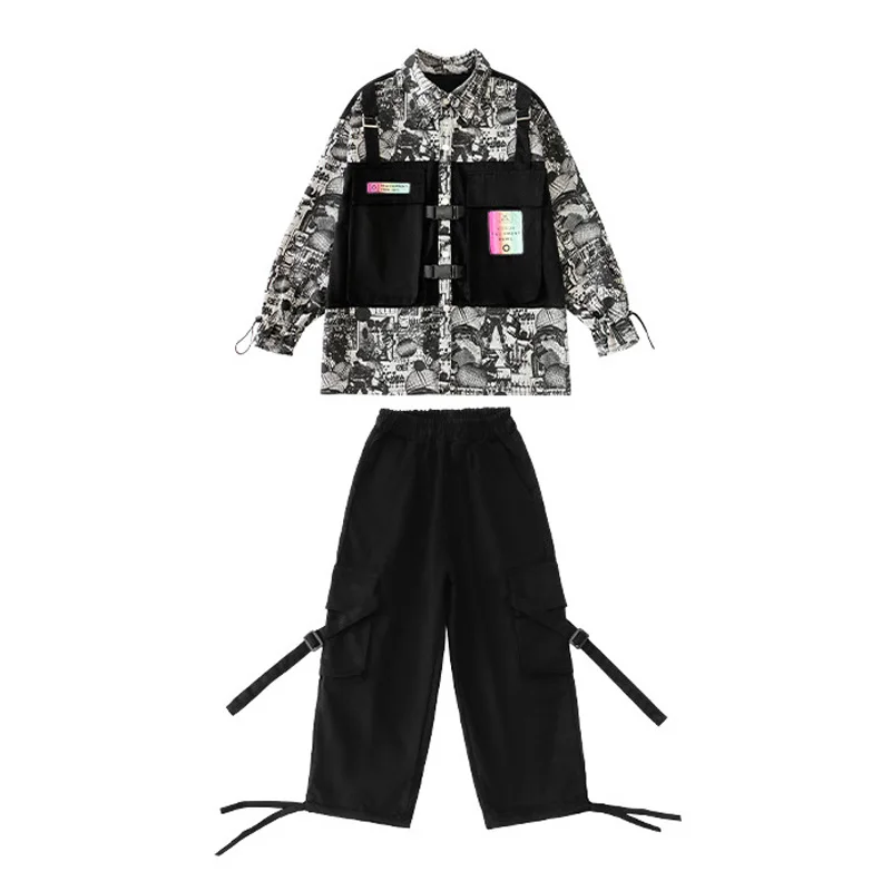 Moda infantil hip hop roupas crianças meninos meninas streetwear solto casual carga jaqueta calças define fatos de treino traje palco