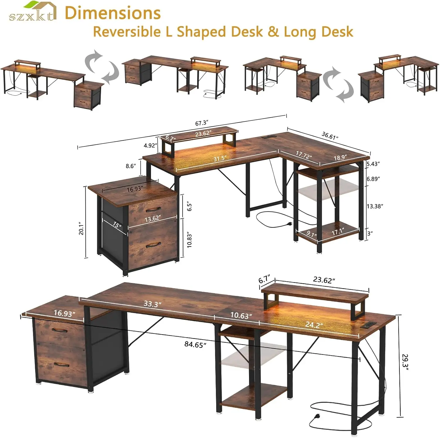 L Shaped Desk with Drawers, Gaming Desk, Corner Computer Desk with Storage and Power Outlet,Reversible U Shaped Work Pc Desk