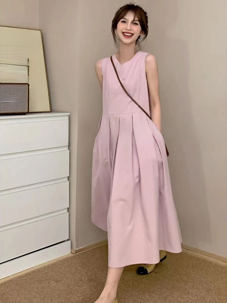 2024 Spring Solid Elegant Sundresses French Y2k Dress Korean Fashion O-Neck Midi Dress Office Women Casual Dress with Pockets