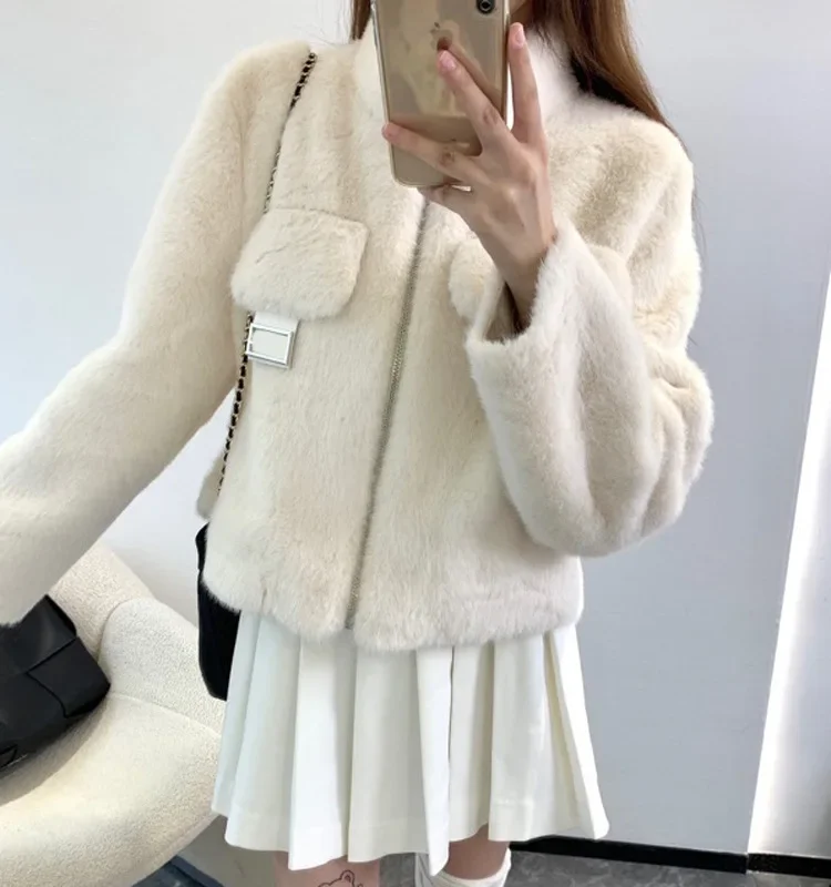 Girl style gentle and sweet imitation mink plush warm standing collar short jacket cardigan coat