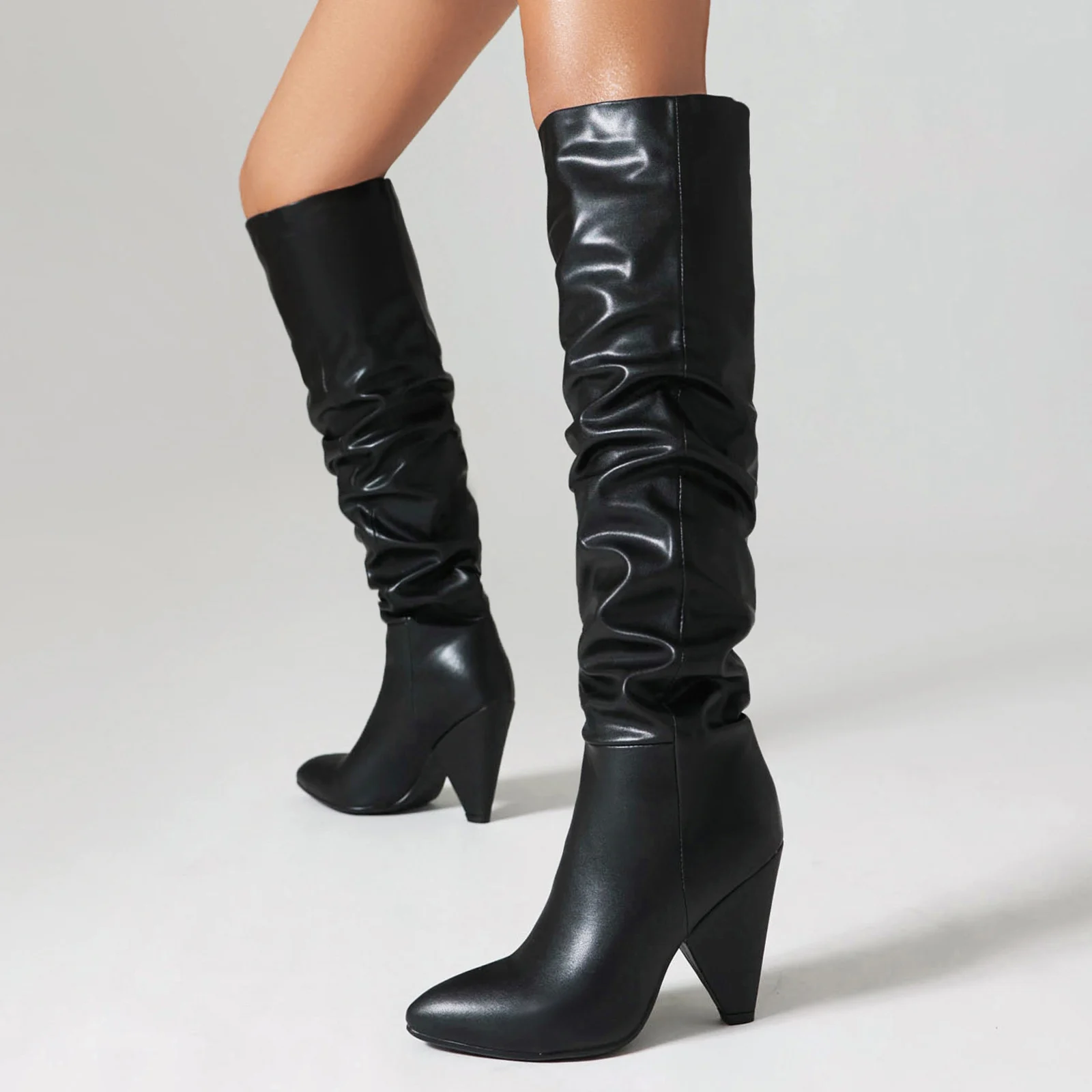 Soft PU Material Super High Tapered Heel Slip-On Knee High Boots With Pointed Sewing Plush Lining Fashion Women's Boots