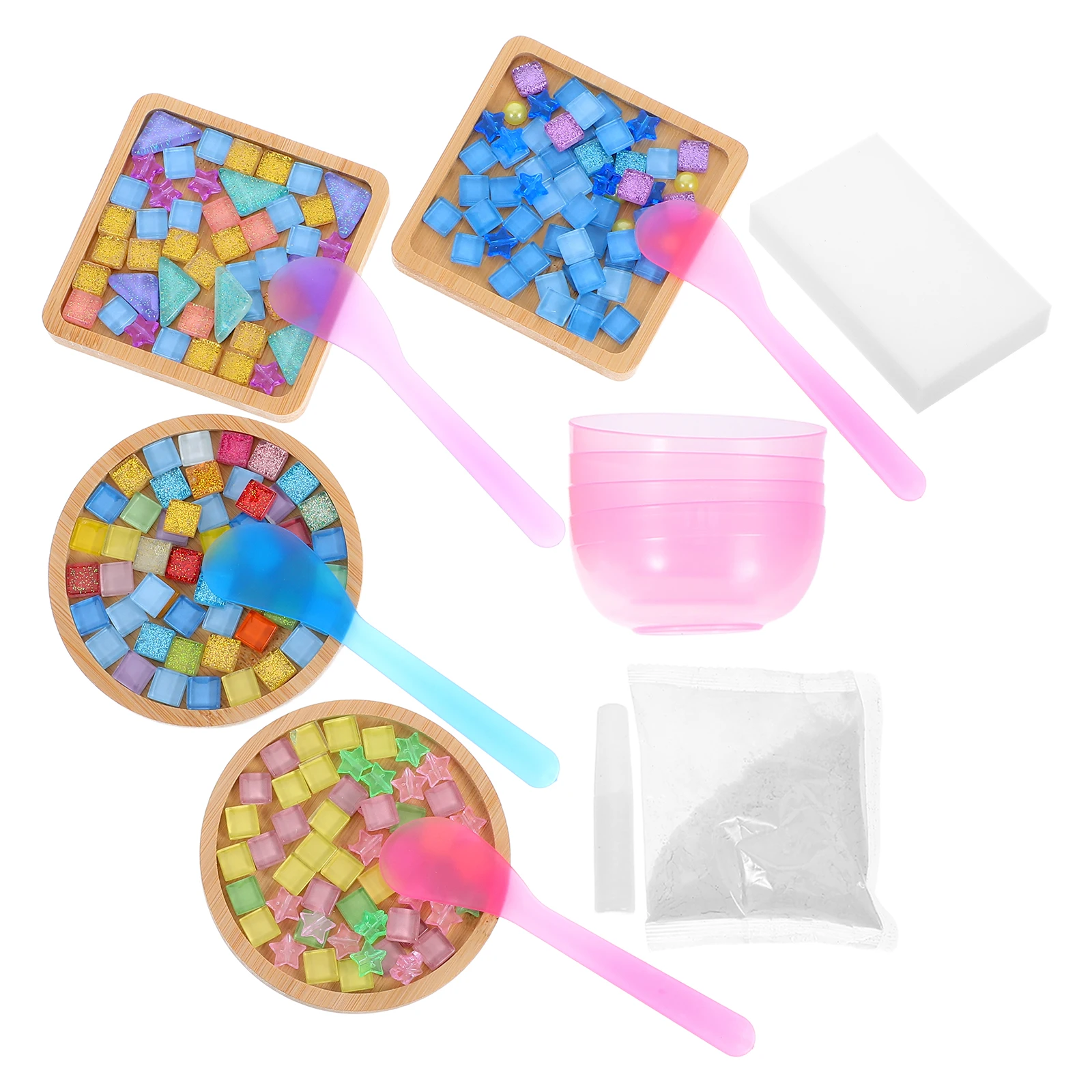 

4 комплекта бамбуковых подставок «сделай сам», красочные акриловые стеклянные мозаичные плитки для изготовления подставок ручной работы для домашнего офиса