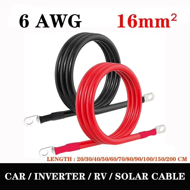 

6 AWG Tinned Copper Battery Connection Cable Wire with M6 M8 Copper Terminals and 20-200CM Length for Inverter Car Solar