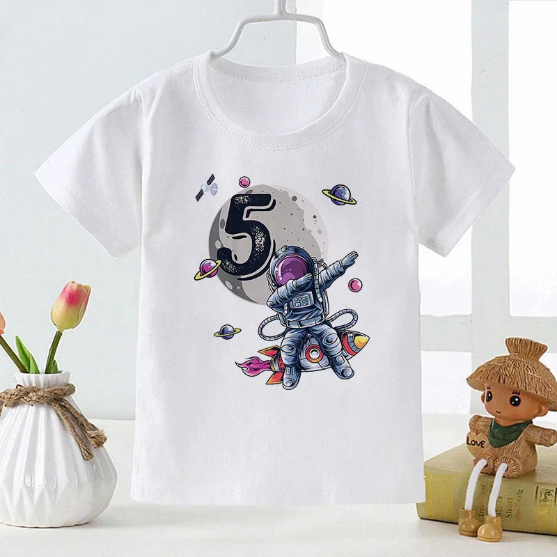 Space Astronaut Digital Family Crew Neck Printed T-shirt Short Sleeve Children Tops  Kids Girls Clothes