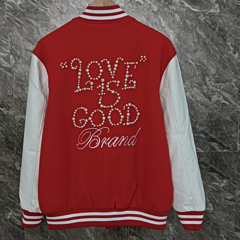 

American Streetwear Trend GOODBRAND Baseball Jacket Winter Casual Splicing Contrasting Colors Embroidery Pearl Good Jackets