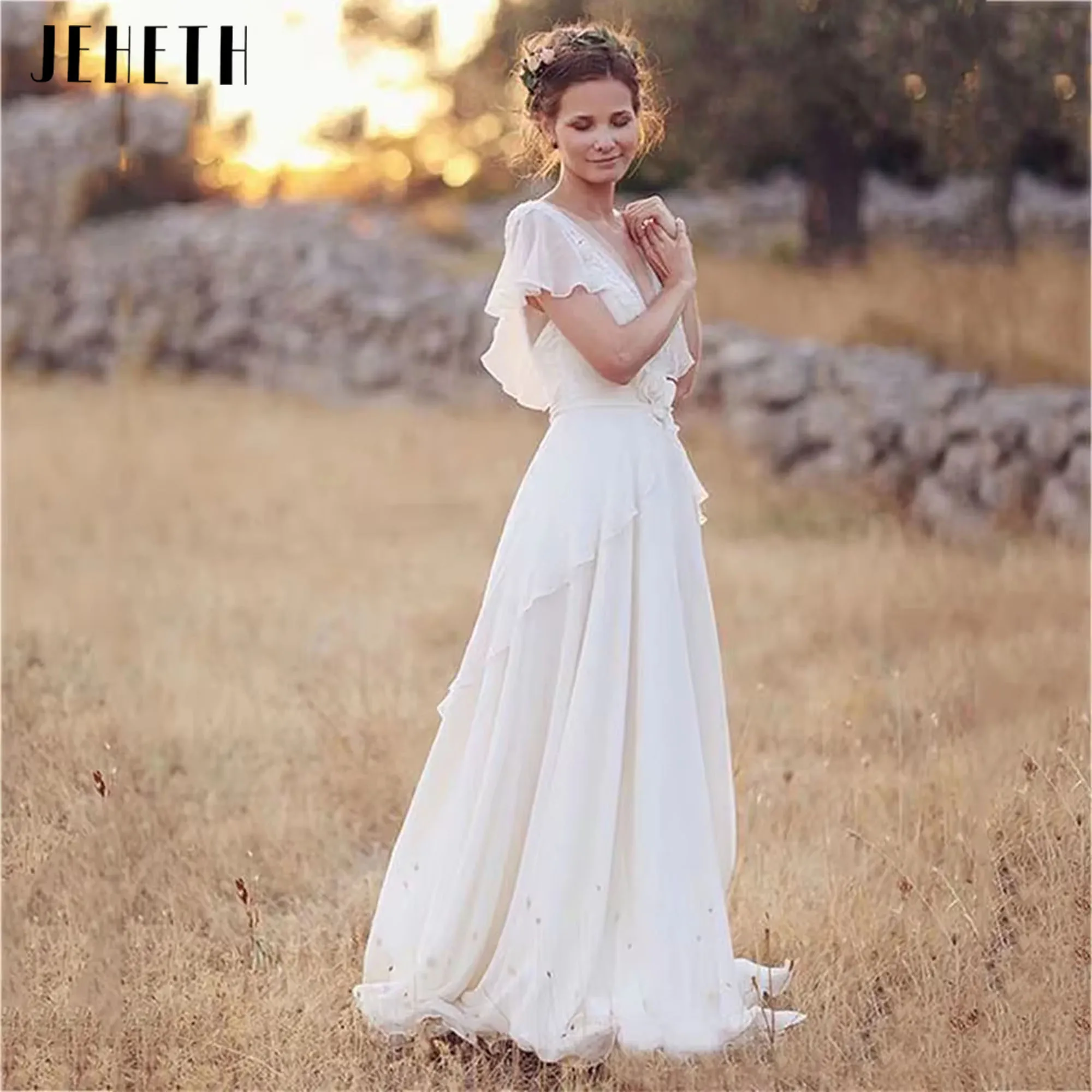 JEHETH V-Neck Wedding Dresses Chiffon A Line Short Sleeves Backless Floor Length Ruffles Beach Bridal Gowns Bohemian Customized