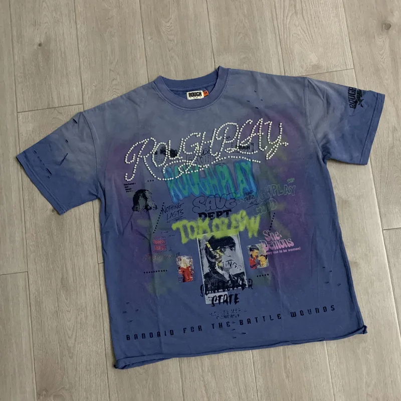Rough Play Short Sleeve Tops New American High Street Hip Hop Trend High Quality Washed Water Cannon Bead Fashion T-shirts