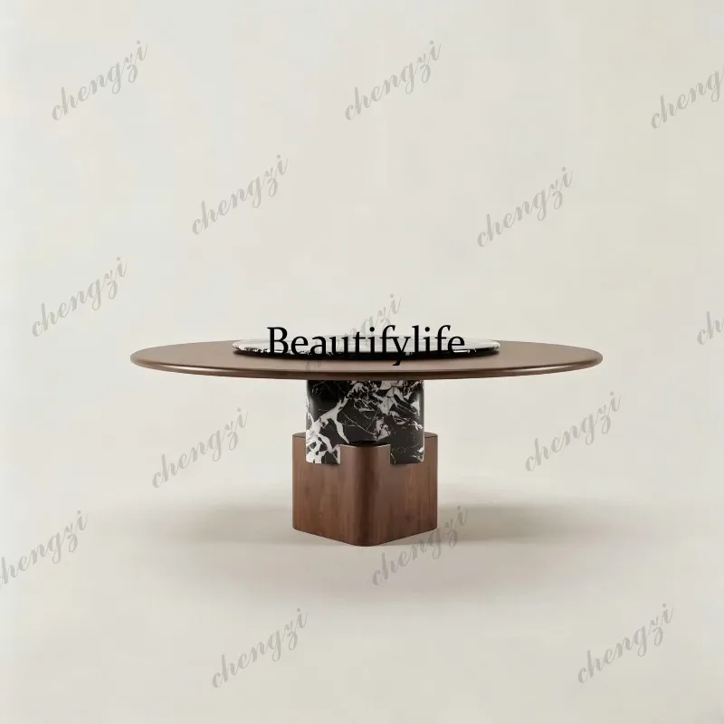 A74 Italian light luxury natural marble solid wood round creative rock slab round table premium dining table