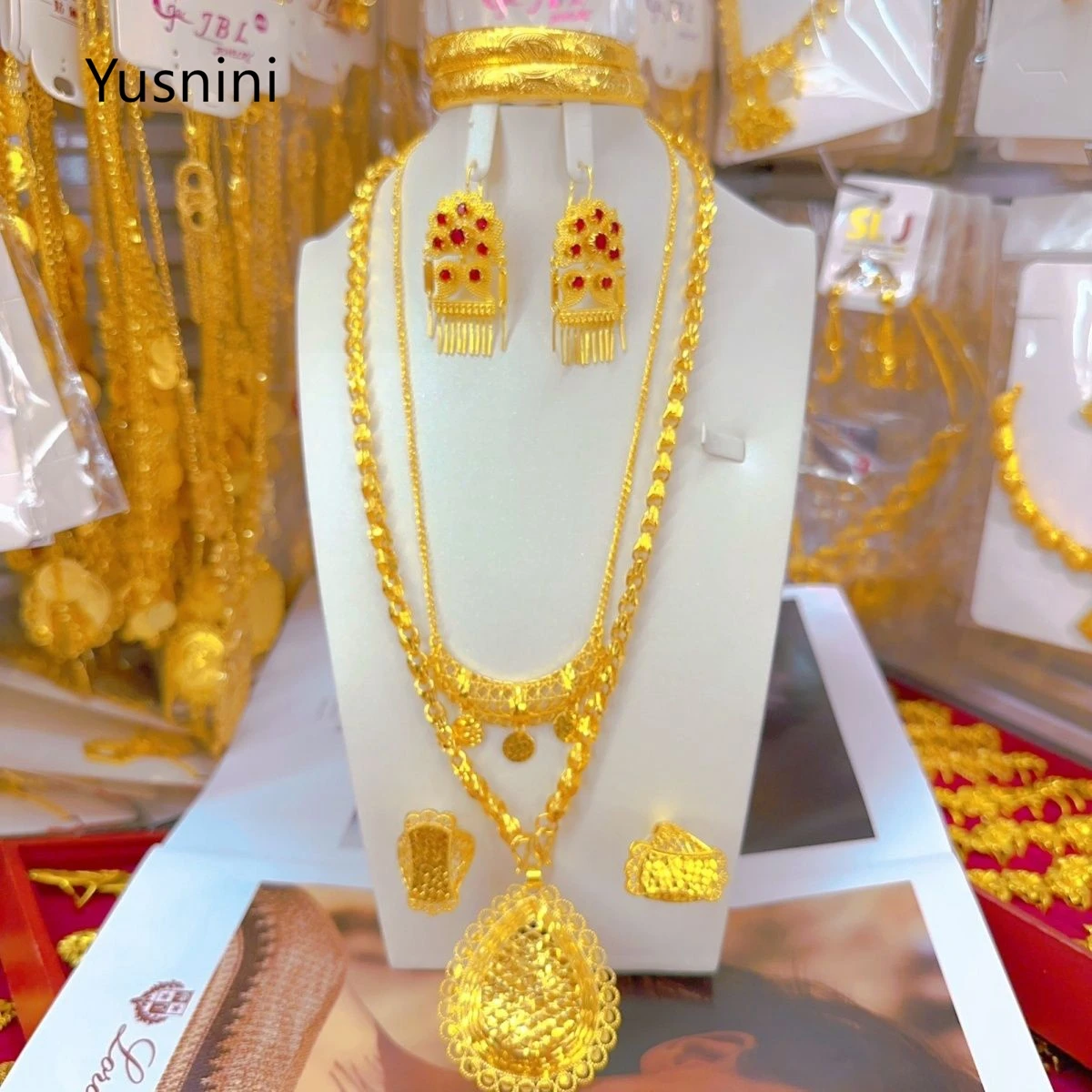 

New French Dubai High end 24K Gold Plated Necklace Earrings Rings Bracelets Exquisite Wedding Party Jewelry Set for Lovers 555