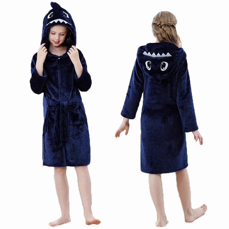 Toddler Boys Bathrobe Girl Sleepwear Winter Flannel Hooded Bath Towel Teen Dinosaur Cow Pjs Animal Pajamas Robe Children Clothes