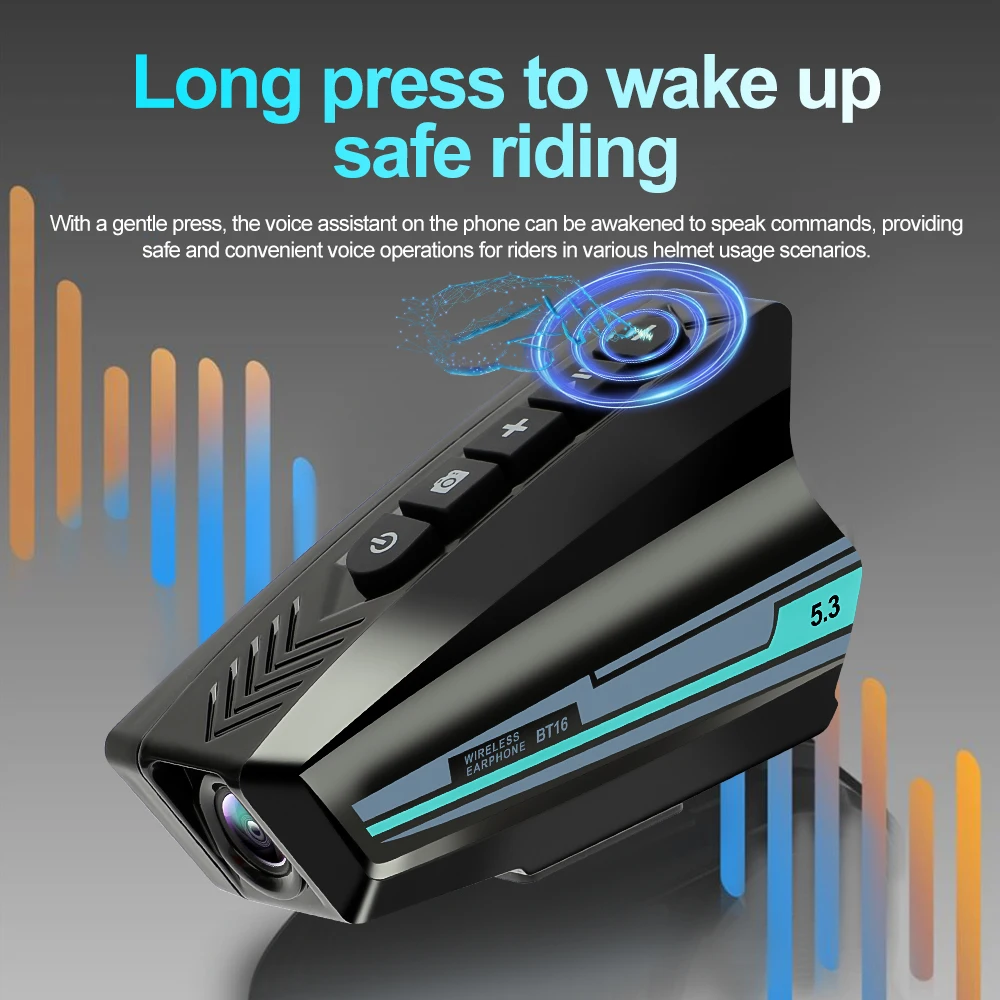 

BT16 Motorcycle Bluetooth Headset Wide Angle 1080P HD Video Dash Camera Hands Free Call Waterproof Heaphone with warning light