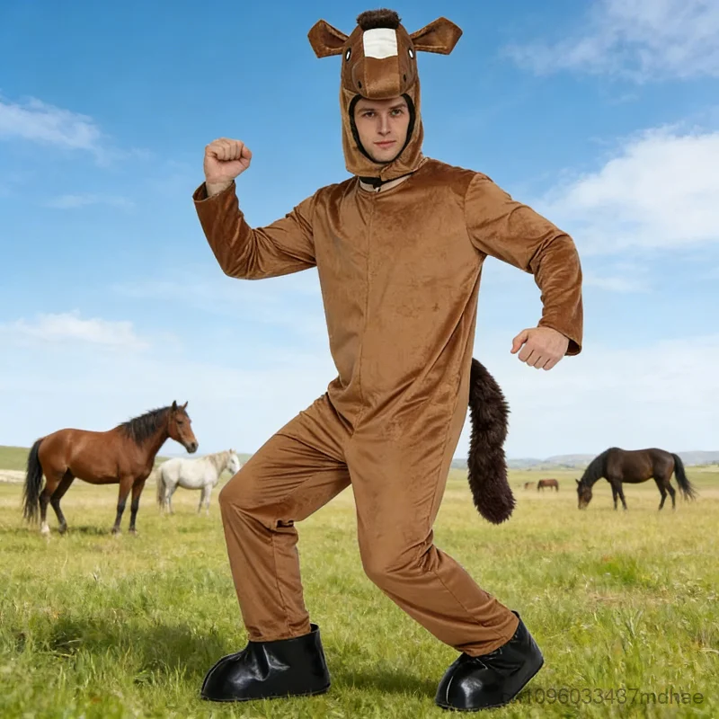 

Brown Horse Adult Jumpsuit Party Fancy Dress Up With Hood Funny Animal Theme Onesie Cosplay Men Women Horse Role Play Costume