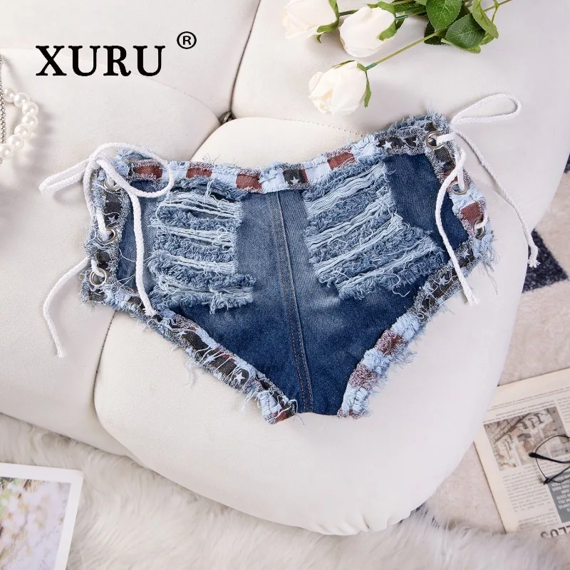XURU - Novos jeans femininos sexy piercing, cintura baixa verão azul shorts jeans calças quentes
