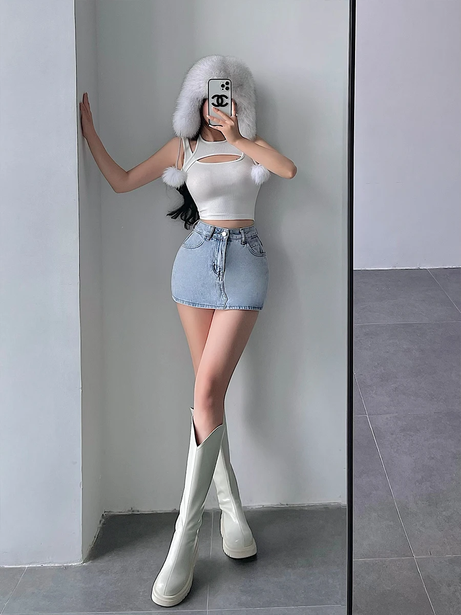 

Sexy High-Waist American Sle ort Denim Skirt for Young Girls Anti-Light Tight Fit Skirt Women's Faion Summer