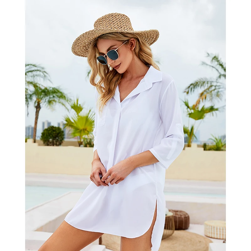 Women's Shirt Deep V-Neck Solid Color Beach Sunsuit Swimwear Cover-Up Long Sleeve Fashion Casual Elegant Office Blouse 2022 New