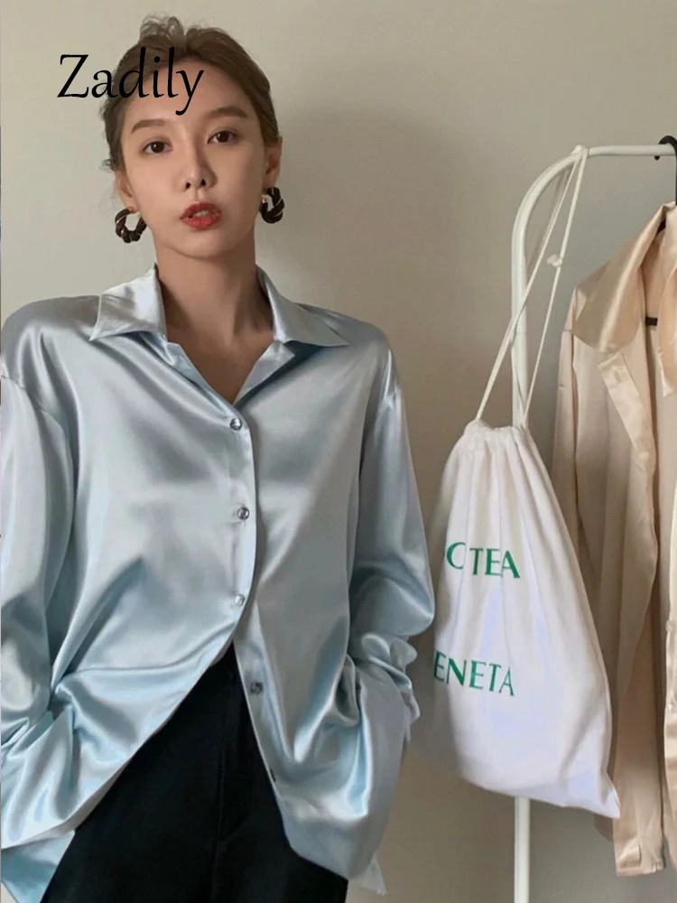 2024 Autumn Office Lady Long Sleeve Women Satin Basic Shirt Blouse Minimalist Button Up Tunic Korea Style Work Female Clothing