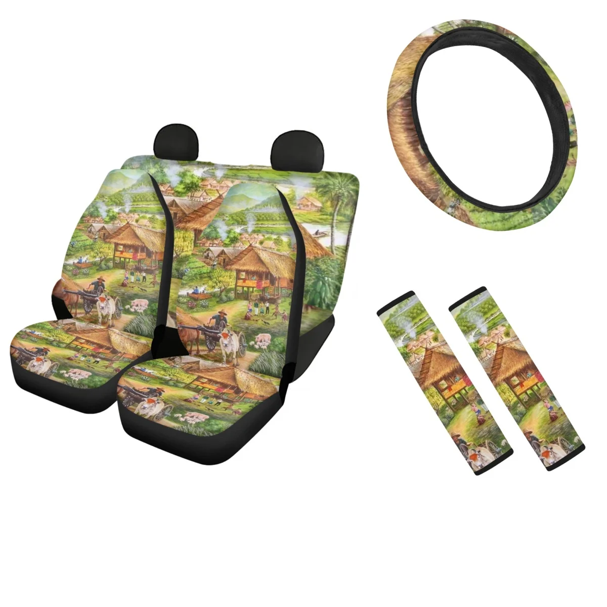 

Village Life Pattern Car Interior Seat Covers Full Set Vehicle Seat Protector Steering Wheel Cover Shoulder Strap Pads Comfort