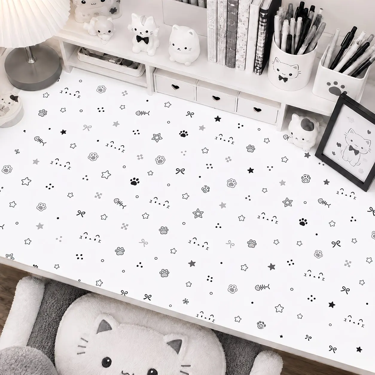 Leather Desk Pad Protector INS Cute Black White Star Cat Paw Mouse Pad Office Desk Mat Waterproof Non-Slip PU Desk Blotter Pad