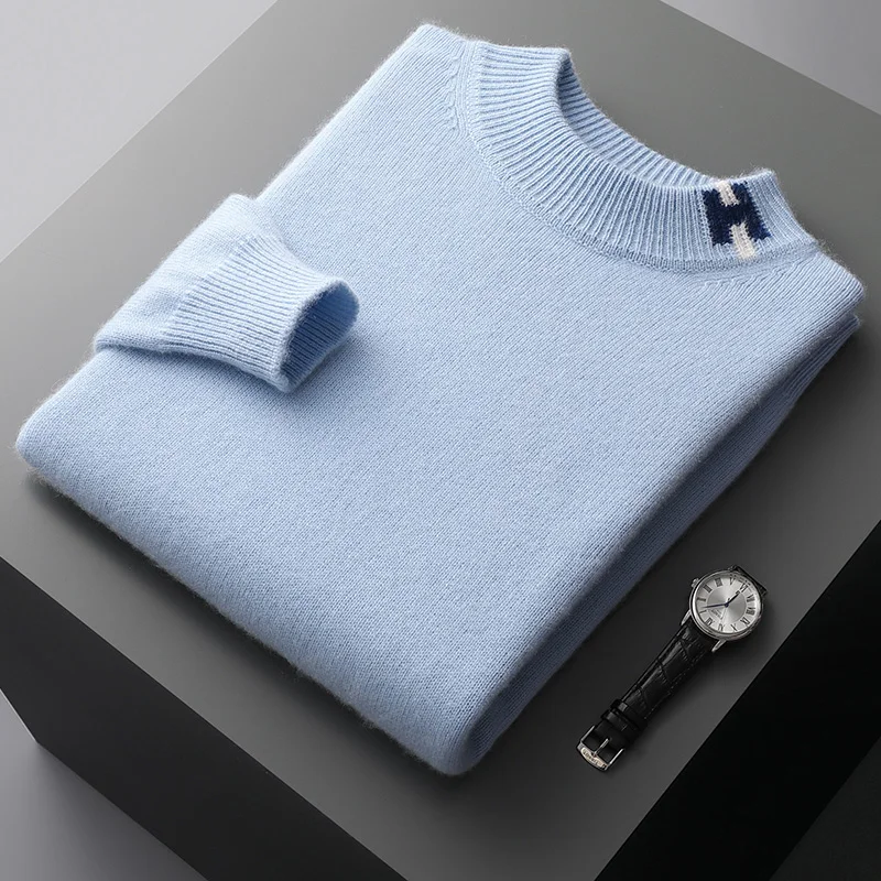 Winter New Men's 100% wool Cashmere Sweater Semi-High Neck Pullover Warm Color Matching Knit Base Shirt Loose Thicken Jumper