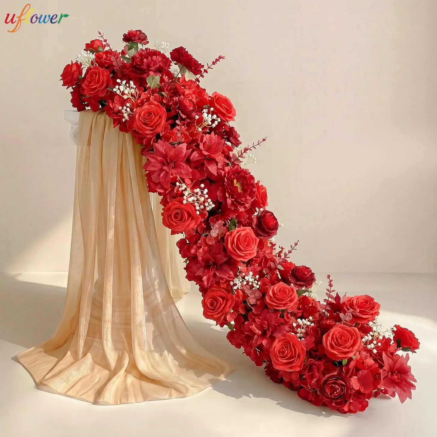 Uflower Red Rose Artificial Flower Row Decor Wedding Backdrop Banquet Table Runner Floral Arrangement Event Stage Display