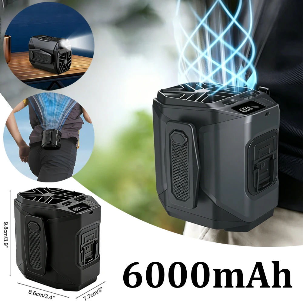 2026 New Upgrade 6000mAh Waist Fan With Power Bank 1-199 Speeds Portable Fan Hands Free Rechargeable Fan Battery Level Display U