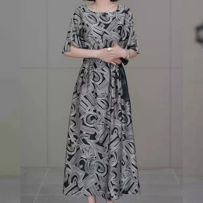 

Summer Round Neck Fashion Short Sleeve Midi Dress Women High Street Casual Printing Dresses Drawstring Pockets Patchwork Robe