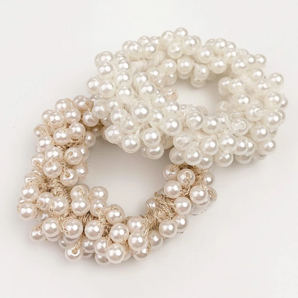 Girls Scrunchies Luxury Big Elegant White Pearl Hair Ties Beads Rubber Bands Ponytail Holders Hair Accessories Elastic Hair Band