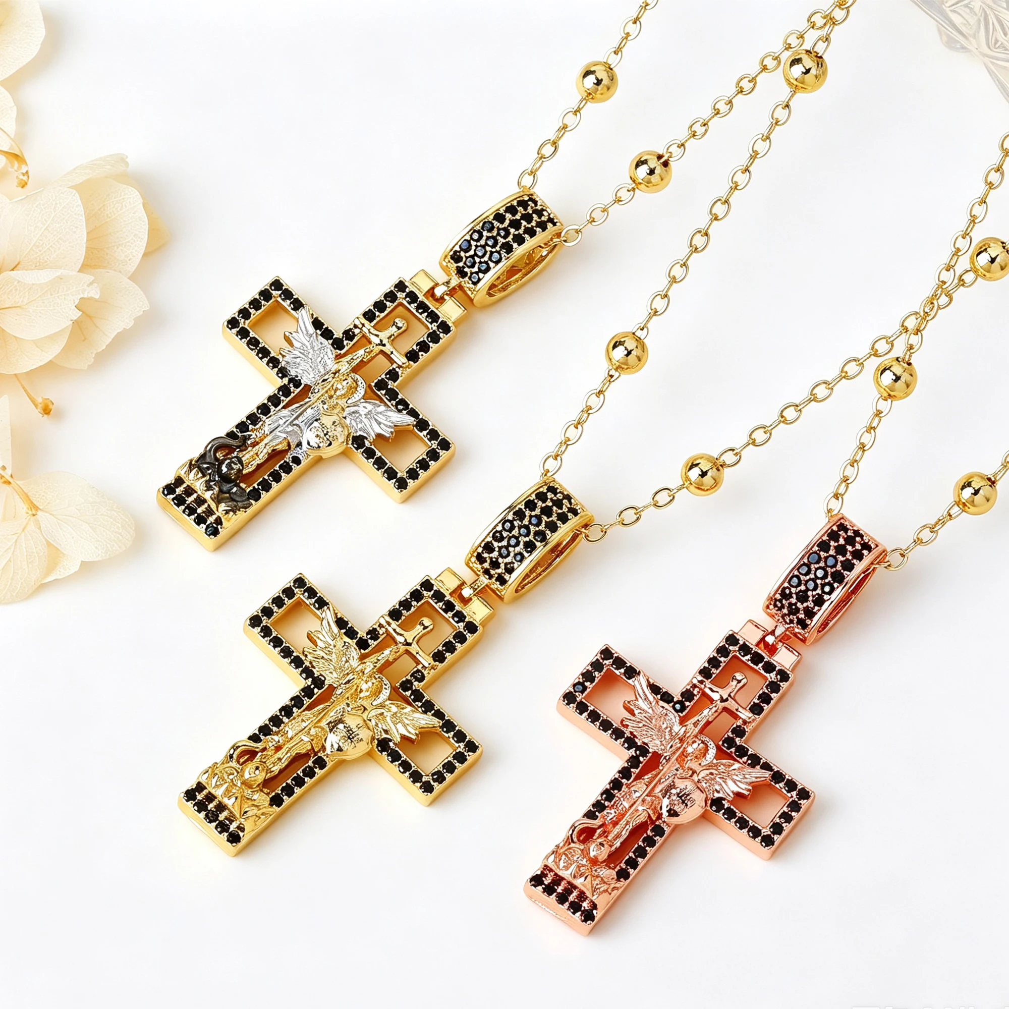 Jewelry Faith Protection Gift For Men Women Zircon Cross Saint Michael Archangel Pendant Necklace Catholic Religious Unisex