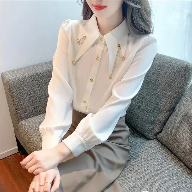 Fashion Lapel Solid Color Spliced Button Shirts Female Clothing 2023 Autumn Winter New Loose Elegant Tops Office Lady Blouses