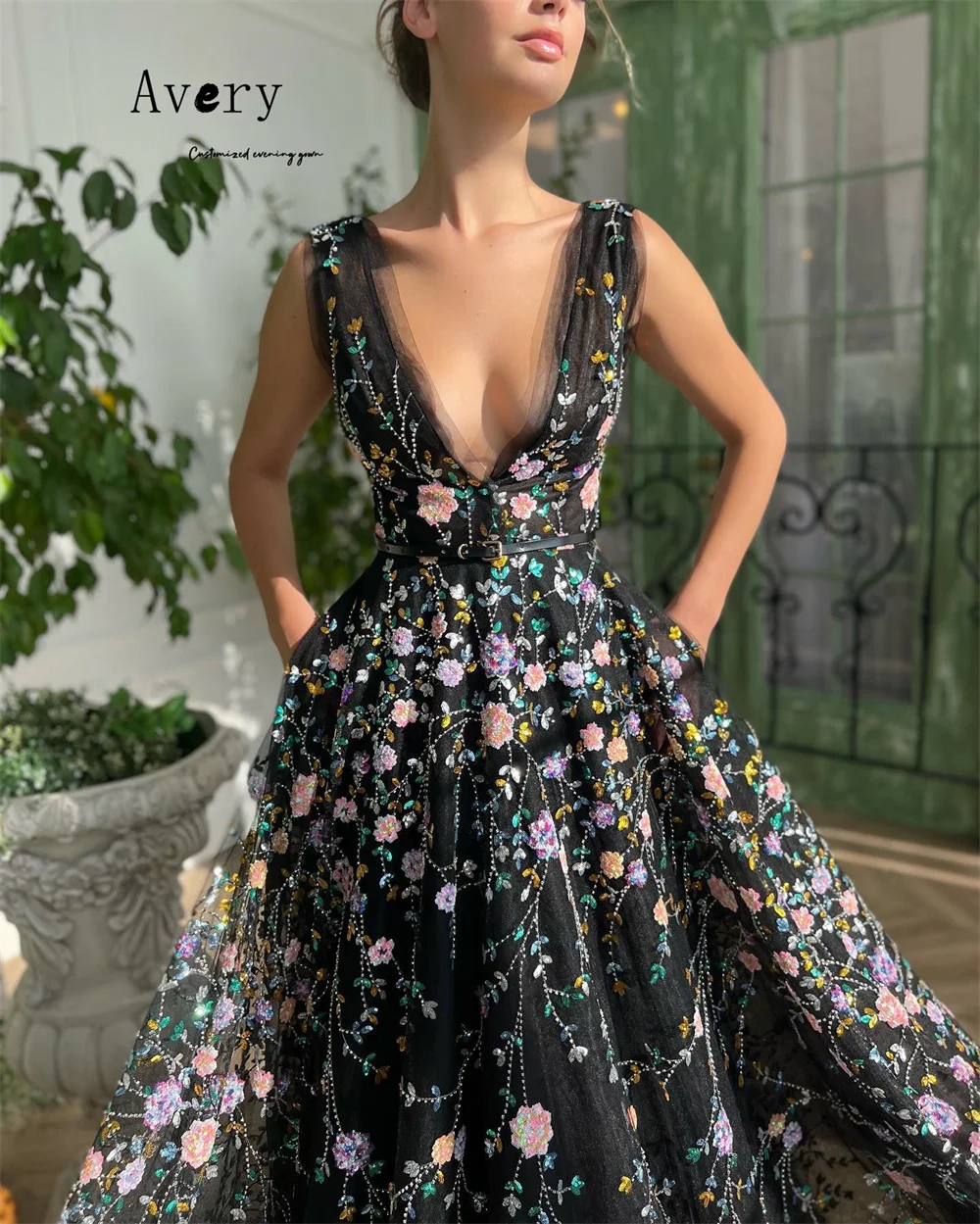 Avery Custom Black Flower Embroidery A Thread Evening Dresses for Woman Party Wedding Luxury Woman Elegant Evening Dress Women's
