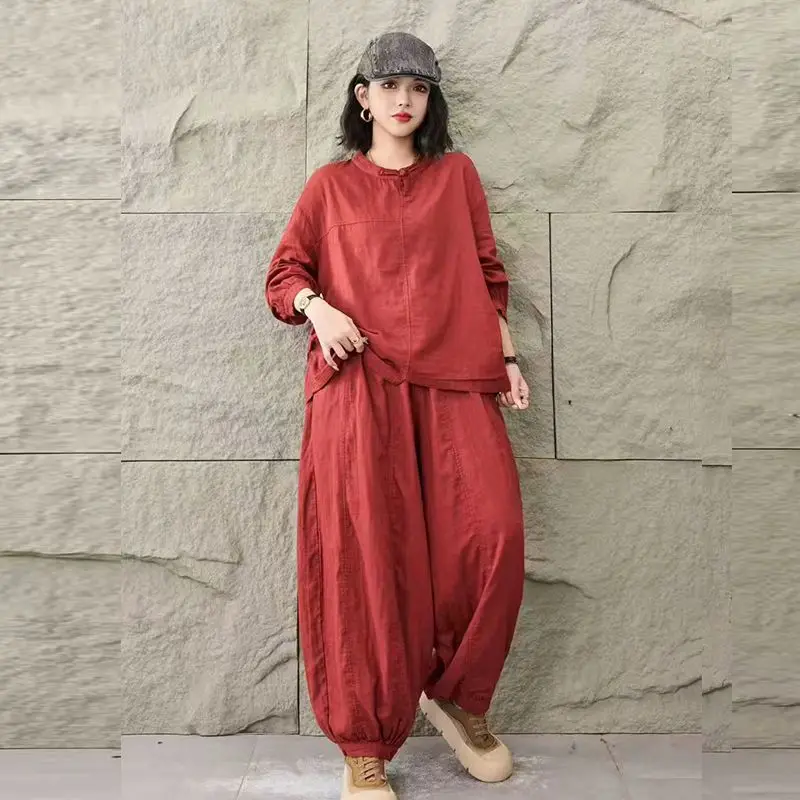 خريف موضة جديدة قطعتين مجموعات ملابس نسائية 2025 جديد الصلبة بلوزات فضفاضة الرجعية النمط الغربي سراويلي حريمي مجموعة