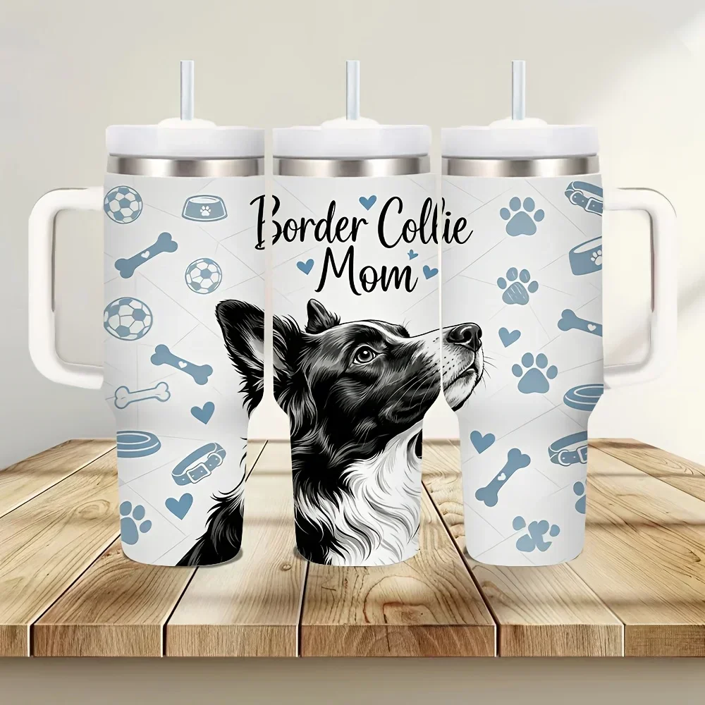 40oz Insulated Tumbler with Handle, Cute Border Collie Print for Border Collie Moms, Suitable for Daily Use And Outdoor Travel, Keeps Temperature for Both Hot And Cold Drinks