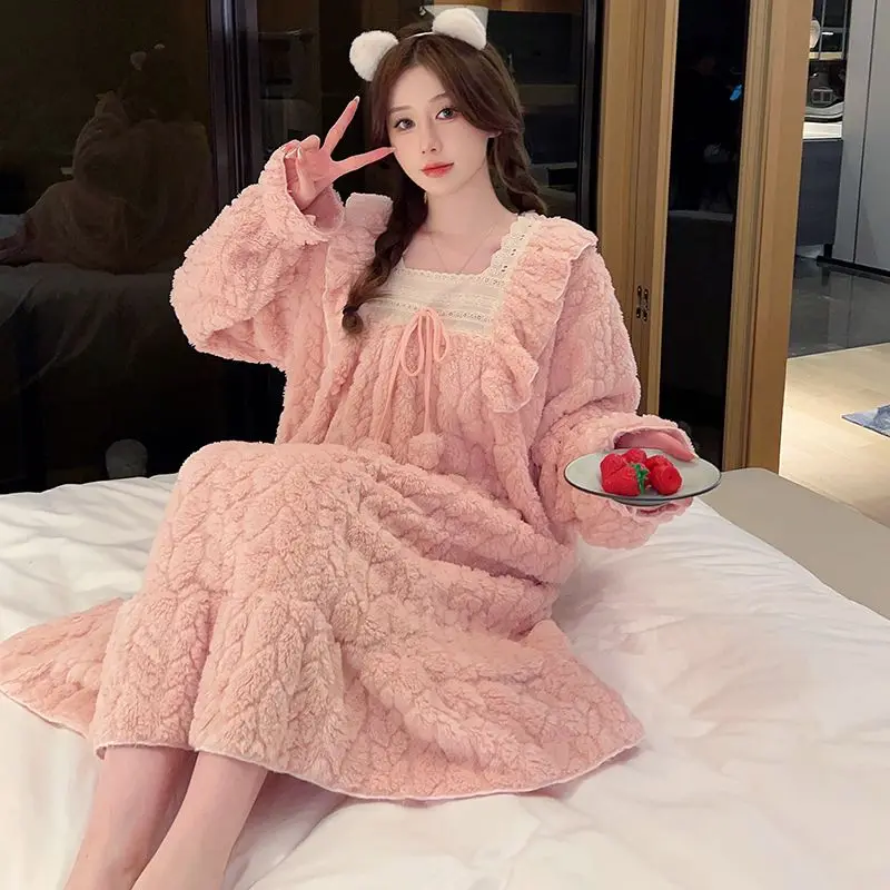 Nightdress Female Autumn Winter Coral Velvet Thick and Velvet Pajamas Female Princess Long Large Size Flannel Warm Home Wear