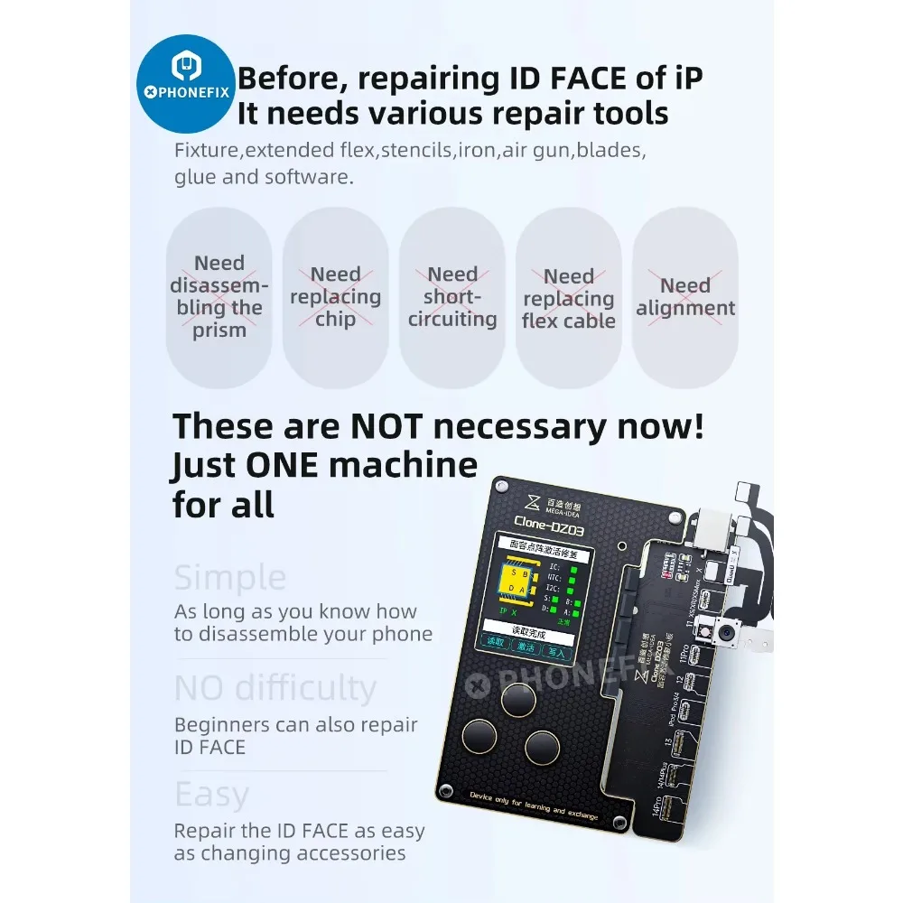 QIANLI Clone DZ03 Dot Matrix Programmer untuk IPhone X 11 12 13 14 Pro MAX Kabel Fleksibel Perbaikan ID Wajah Tanpa Penghapusan Tanpa Penyolderan
