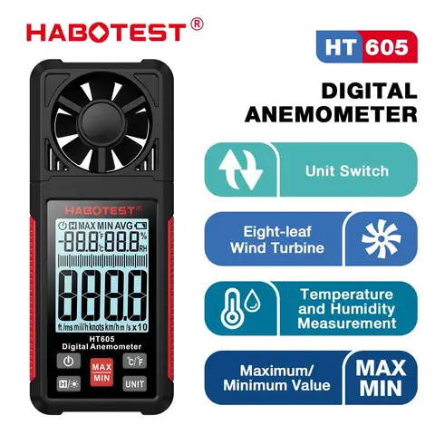 HABOTEST HT605 디지털 풍속계 휴대용 풍속 측정기 풍속계 LCD 백라이트 디스플레이 온도 습도 측정기