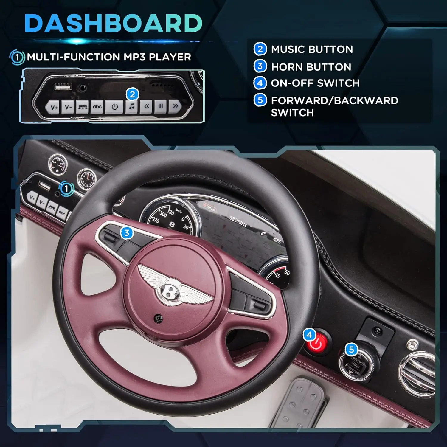 Bentley Mulsanne 12V Ride on Car, samochód zasilany akumulatorem z pilotem, zawieszenie, dźwięk rozruchu, światła LED, MP3, klakson, muzyka